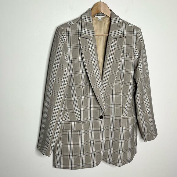 On 34th Women Single Button Front Blazer 14 Beige Plaid Academia Casual Workwear - Picture 4 of 12